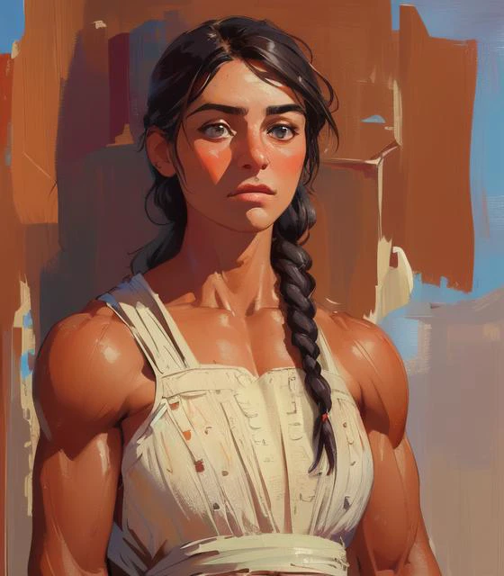 (high quality, masterpiece:1.3), intricately detailed, detailed face and eyes, 1girl, desert, tan skin, single braid, long hair, black hair, cowboy shot, sleeveless, arabian clothes, toned, tomboy, (muscular female:1.3), impasto, digital painting, (painterly, impressionism:1.1), (brushstrokes:0.5)