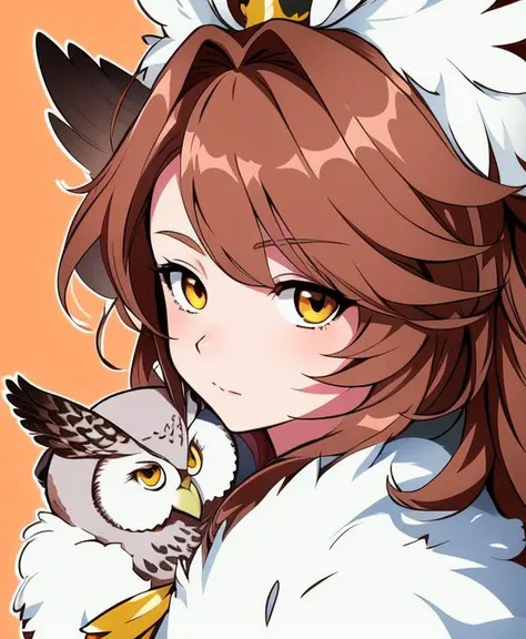 high quality, masterpiece, detailed, anime style, thick outlines, cel shading, fluffy, fur trim, owl girl, feathers on head, ear feathers, light brown hair