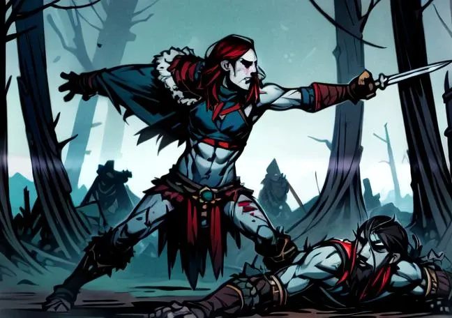 masterpiece, best quality, 1girl, 1boy, Varvara and Rasputin fighting with swords, parry,  BREAK, Varvara, dark eyes, beautiful, feminine, perfect face, highly detailed face,  undercut hair, dark red hair, fur (cloak), (cape), sleeveless, shoulder armor, gauntlets, athletic, abs, battle scar, [slender], thighs barbarian:0.5,  medium breasts, budget sarashi, tribal clothing, BREAK, Rasputin ((holding his sword in right hand)), beautiful, perfect face, highly detailed face, black hair,  fur (cloak), cape, (sleeveless), shoulder armor, gauntlets, athletic, abs, battle scar, barbarian:0.5, tribal clothing, glowing red sword, BREAK, fight scene, forest winter background,  ((night)), snow storm, <lora:DarkestDungeonV2:0.4>, <lora:Andava1e4:0.9>, extremely detailed, perfect face, ddstyle:0.3, WarriorStyle:0.2, <lora:blckmtl:0.2>,<lora:more_details:0.5>, <lyco:UnlimitedBladeWorksV1:0.6>, <lora:bromart:0.3>, bromart, blue and white, ((pale skin)), blood on face, vampire hunter, action shot