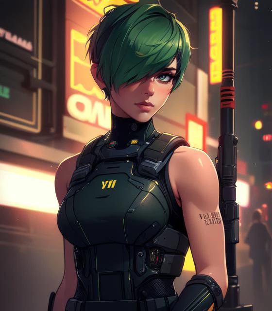 (high quality, masterpiece:1.3), intricately detailed, detailed face and eyes, 1girl, city, neon light, night, dark, tan skin, very short hair, pixie cut, green hair, cowboy shot, sleeveless, cyberpunk, toned, tomboy, (muscular female:1), impasto, digital painting, (painterly, impressionism:1.1), (brushstrokes:0.6), bulletproof vest, arm tattoo,  undercut, asymmetric hair, hair over one eye