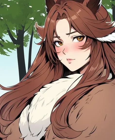 high quality, masterpiece, detailed, detailed face and eyes, anime style, thick outlines, 1girl, forest, trees, cel shading, fluffy, fur trim, owl girl, feathers on head, ear feathers, light brown hair