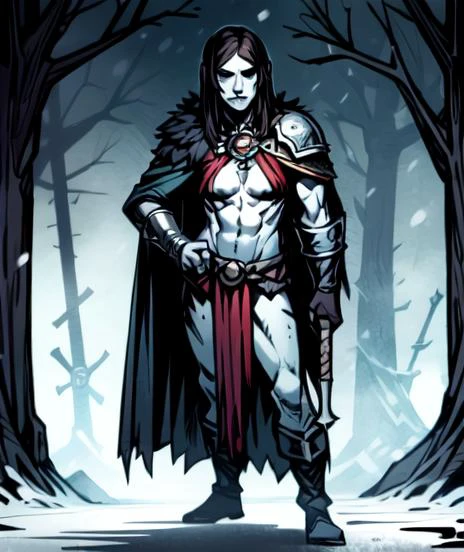masterpiece, best quality, 1girl, Varvara, standing, daggers looking at viewer,  dark eyes, beautiful, feminine, perfect face, highly detailed face,  undercut hair, [dark hair|light hair], fur (cloak), (cape), sleeveless, shoulder armor, gauntlets, athletic, abs, battle scar, [slender], thighs, barbarian:0.5,  medium breasts, budget sarashi, tribal clothing, ((full body portrait)), solo, forest winter background,  ((night)), snow storm, <lora:DarkestDungeonV2:0.4>, <lora:Andava1e4:0.9>, extremely detailed, perfect face, ddstyle:0.3, WarriorStyle:0.2, <lora:blckmtl:0.2>,<lora:more_details:0.5>, <lyco:UnlimitedBladeWorksV1:0.6>, <lora:bromart:0.3>, bromart, blue and white, ((pale skin)), blood on face, vampire hunter, revealing clothing