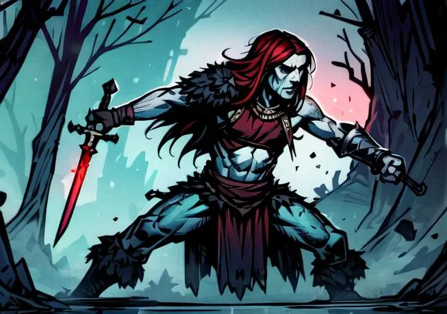 masterpiece, best quality, 1girl, 1boy, Varvara and Rasputin fighting with swords, fur (cloak), cape, (sleeveless), shoulder armor, gauntlets, athletic, abs, battle scar, barbarian:0.5, tribal clothing, perfect face, highly detailed face, BREAK, Varvara, dark eyes, beautiful, feminine,  undercut hair, dark red hair [slender], thighs,  medium breasts, budget sarashi, BREAK, Rasputin ((holding his sword in right hand)),  glowing red sword, BREAK, fight scene, forest winter background,  ((night)), snow storm, <lora:DarkestDungeonV2:0.4>, <lora:Andava1e4:0.9>, extremely detailed, perfect face, ddstyle:0.3, WarriorStyle:0.2, <lora:blckmtl:0.2>,<lora:more_details:0.5>, <lyco:UnlimitedBladeWorksV1:0.6>, <lora:bromart:0.3>, bromart, blue and white, ((pale skin)), blood on face, vampire hunter, action shot