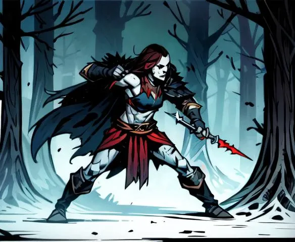masterpiece, best quality, 1girl, Varvara holding a dagger while moving, dark eyes, beautiful, feminine, perfect face, highly detailed face,  undercut hair, [dark hair|light hair], fur (cloak), (cape), sleeveless, shoulder armor, gauntlets, athletic, abs, battle scar, [slender], thighs barbarian:0.5,  medium breasts, budget sarashi, tribal clothing, ((full body portrait)), solo, forest winter background,  ((night)), snow storm, <lora:DarkestDungeonV2:0.4>, <lora:Andava1e4:0.9>, extremely detailed, perfect face, ddstyle:0.3, WarriorStyle:0.2, <lora:blckmtl:0.2>,<lora:more_details:0.5>, <lyco:UnlimitedBladeWorksV1:0.6>, <lora:bromart:0.3>, bromart, blue and white, ((pale skin)), blood on face, vampire hunter, action shot