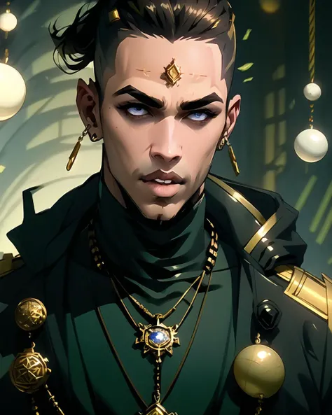 man, male, male focus, solo, jewelry, upper body, parted lips, necklace, technoballx <lora:technoballx-000040:1>