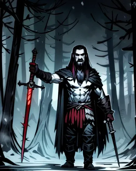 masterpiece, best quality, 1boy, Rasputin ((holding his sword in right hand)) looking at viewer, attack action, beautiful, perfect face, highly detailed face, black hair, goatee, fur (cloak), cape, (sleeveless), shoulder armor, gauntlets, athletic, abs, battle scar, barbarian:0.5, tribal clothing, (glowing red sword), full body portrait, forest winter background, ((night)), snow storm, <lora:DarkestDungeonV2:0.4>, <lora:Andava1e4:0.8>, extremely detailed, perfect face, ddstyle:0.3, <lora:blckmtl:0.2>, <lora:more_details:0.5>, <lyco:UnlimitedBladeWorksV1:0.6>, <lora:bromart:0.3>, bromart, blue and white, ((pale skin)), blood on face, vampire hunter,