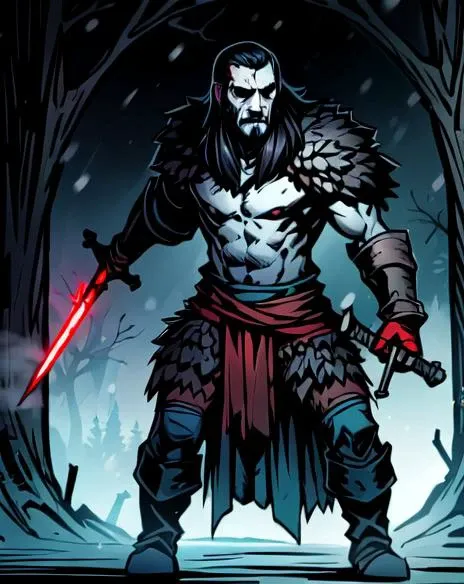 masterpiece, best quality, 1boy, Rasputin, ((holding sword in right hand)) looking at viewer, beautiful, perfect face, highly detailed face, black hair, goatee, fur (cloak), cape, (sleeveless), shoulder armor, gauntlets, athletic, abs, battle scar, barbarian:0.5, tribal clothing, glowing red weapon, full body portrait, forest winter background, ((night)), snow storm, <lora:DarkestDungeonV2:0.4>, <lora:Andava1e4:0.8>, extremely detailed, perfect face, ddstyle:0.3, <lora:blckmtl:0.2>, <lora:more_details:0.5>, <lyco:UnlimitedBladeWorksV1:0.6>, <lora:bromart:0.3>, bromart, blue and white, ((pale skin)), blood on face, vampire hunter