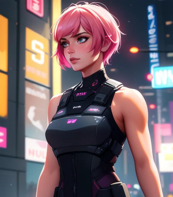 (high quality, masterpiece:1.3), intricately detailed, detailed face and eyes, 1girl, city, neon light, night, dark, tan skin, very short hair, bob cut, bangs, pink hair, cowboy shot, sleeveless, cyberpunk, toned, tomboy, (muscular female:1), impasto, digital painting, (painterly, impressionism:1.1), (brushstrokes:0.6), bulletproof vest, arm tattoo,