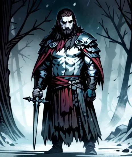 masterpiece, best quality, 1boy, Rasputin, standing , sword looking at viewer, beautiful, perfect face, highly detailed face,  undercut hair, [dark hair|light hair], fur (cloak), sleeveless, shoulder armor, gauntlets, athletic, abs, battle scar, [slender thighs], barbarian:0.5,  tribal clothing, full body portrait, forest winter background,  ((night)), snow storm, <lora:DarkestDungeonV2:0.4>, <lora:Andava1e4:0.8>, extremely detailed, perfect face, ddstyle:0.3, WarriorStyle:0.2,  <lora:blckmtl:0.2>,<lora:more_details:0.5>, <lyco:UnlimitedBladeWorksV1:0.6>, <lora:bromart:0.3>, bromart, blue and white, ((pale skin)), blood on face
