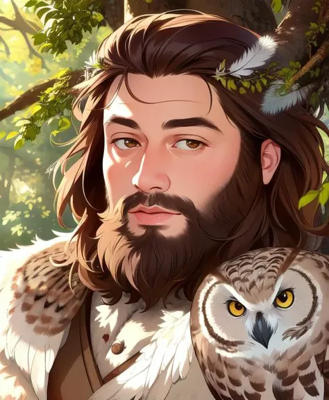 high quality, masterpiece, detailed, detailed face and eyes, realistic, thick outlines, 1boy, forest, trees, fluffy, fur trim, owl boy, (feathers on head, 1.3), light brown hair