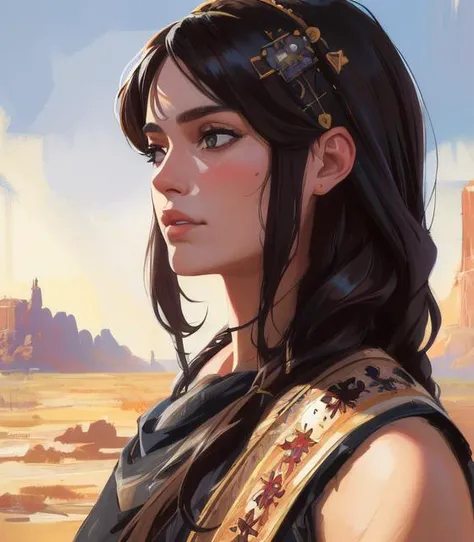 (high quality, masterpiece:1.3), intricately detailed, detailed face and eyes, 1girl, desert, tan skin, single braid, long hair, black hair, cowboy shot, sleeveless, arabian clothes, toned, tomboy, (muscular female:1), impasto, digital painting, (painterly, impressionism:1.1), (brushstrokes:0.6), armor