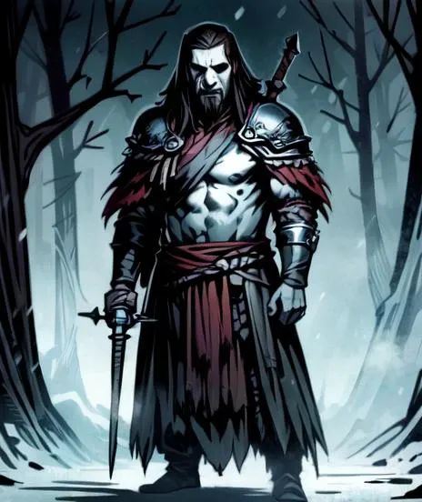 masterpiece, best quality, 1boy, Rasputin, standing , sword looking at viewer, beautiful, perfect face, highly detailed face,  undercut hair, [dark hair|light hair], fur (cloak), sleeveless, shoulder armor, gauntlets, athletic, abs, battle scar, [slender], barbarian:0.5,  tribal clothing, full body portrait, forest winter background,  ((night)), snow storm, <lora:DarkestDungeonV2:0.4>, <lora:Andava1e4:0.8>, extremely detailed, perfect face, ddstyle:0.3, WarriorStyle:0.2,  <lora:blckmtl:0.2>,<lora:more_details:0.5>, <lyco:UnlimitedBladeWorksV1:0.6>, <lora:bromart:0.3>, bromart, blue and white, ((pale skin)), blood on face, vampire hunter