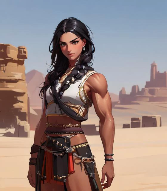 (high quality, masterpiece:1.3), intricately detailed, detailed face and eyes, 1girl, desert, tan skin, single braid, long hair, black hair, cowboy shot, sleeveless, arabian clothes, toned, tomboy, (muscular female:1.3), sheathed dagger