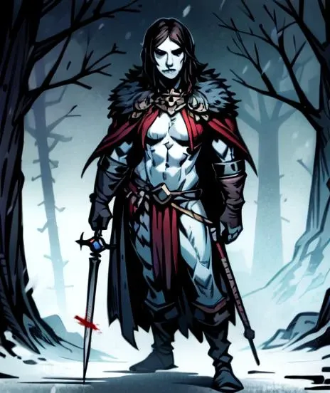 masterpiece, best quality, 1girl, Varvara, standing, dagger looking at viewer,  dark eyes, beautiful, feminine, perfect face, highly detailed face,  undercut hair, [dark hair|light hair], fur (cloak), cape, sleeveless, shoulder armor, gauntlets, athletic, abs, battle scar, [slender], thighs barbarian:0.5,  medium breasts, budget sarashi, tribal clothing, ((full body portrait)), solo, forest winter background,  ((night)), snow storm, <lora:DarkestDungeonV2:0.4>, <lora:Andava1e4:0.9>, extremely detailed, perfect face, ddstyle:0.3, WarriorStyle:0.2, <lora:blckmtl:0.2>,<lora:more_details:0.5>, <lyco:UnlimitedBladeWorksV1:0.6>, <lora:bromart:0.3>, bromart, blue and white, ((pale skin)), blood on face, vampire hunter, revealing clothing