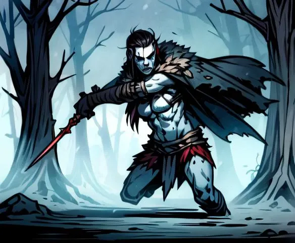 masterpiece, best quality, 1girl, Varvara holding a dagger while moving, dark eyes, beautiful, feminine, perfect face, highly detailed face,  undercut hair, [dark hair|light hair], fur (cloak), (cape), sleeveless, shoulder armor, gauntlets, athletic, abs, battle scar, [slender], thighs barbarian:0.5,  medium breasts, budget sarashi, tribal clothing, ((full body portrait)), solo, forest winter background,  ((night)), snow storm, <lora:DarkestDungeonV2:0.4>, <lora:Andava1e4:0.9>, extremely detailed, perfect face, ddstyle:0.3, WarriorStyle:0.2, <lora:blckmtl:0.2>,<lora:more_details:0.5>, <lyco:UnlimitedBladeWorksV1:0.6>, <lora:bromart:0.3>, bromart, blue and white, ((pale skin)), blood on face, vampire hunter, action shot
