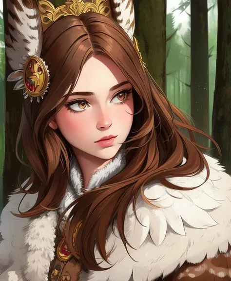 high quality, masterpiece, detailed, detailed face and eyes, realistic, thick outlines, 1girl, forest, trees, fluffy, fur trim, owl girl, feathers on head, ear feathers, light brown hair