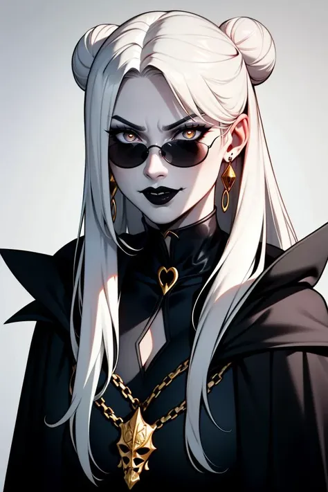 ((best quality)), ((masterpiece)), (detailed), absurdres, portrait, mature female, long hair, greasy hair, buns, white hair, white eyes, glowing eyes, (gothic), black lips, short cloak, torn cloak, earrings, chain collar, sunglass, (shadow wizard:1.2), (gang), leather, (pasties:1.2), (bone armor), looking at viewer, smirk, open mouth, gold teeth, solo, solo focus,