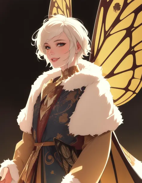 high quality, masterpiece, intricately detailed, detailed face and eyes, detailed lips, 1girl, moth girl, (large moth wings:1.2), fur collar, jacket, smile, blonde hair, white hair, (cowboy shot:1.3), short hair, outside, medieval