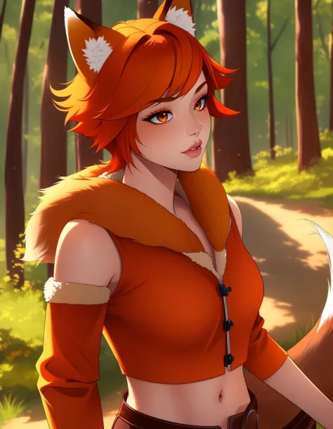 high quality, masterpiece, detailed face and eyes, detailed lips, 1girl, fox girl, fur collar, orange hair, (cowboy shot:1.3), short hair, forest, tribal, midriff, fox ears, fox tail, fluffy tail