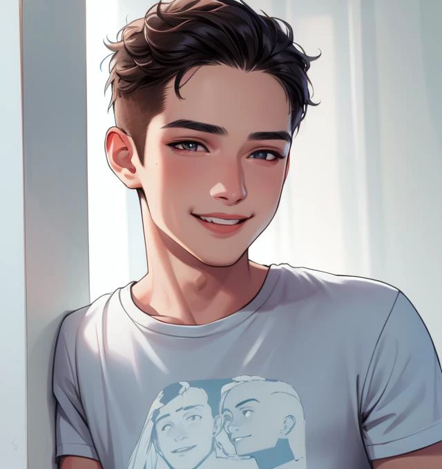 high quality, masterpiece, detailed face and eyes, detailed lips, 1boy, t-shirt, smile