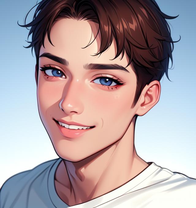 A close up of a person with a white shirt and blue eyes - SeaArt AI