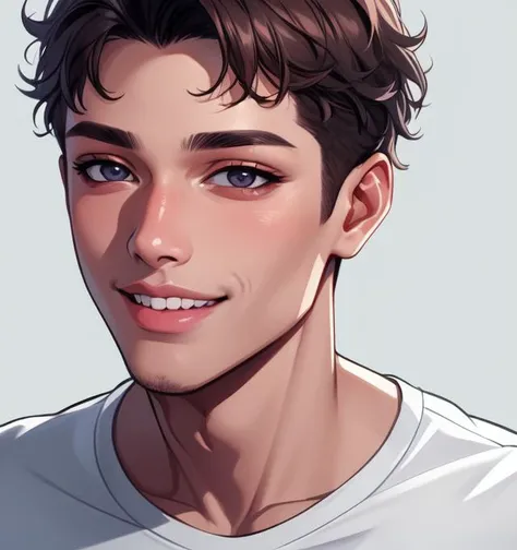 high quality, masterpiece, detailed face and eyes, detailed lips, 1boy, t-shirt, smile