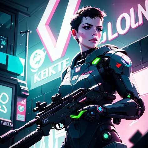 masterpiece, best quality, detailed lips, detailed face, detailed skin, 1girl, science fiction, power armor, short hair, assault rifle, holding weapon, aiming, ruins, rubble, indoors, cyborg, cyberpunk, neon light