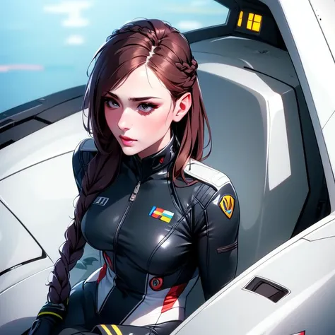 masterpiece, best quality, detailed lips, detailed face, detailed skin, 1girl, bodysuit, pilot suit, braid, single braid, long hair, cockpit, from above, mecha, asian, pilot, sitting