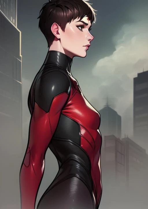 (inked original-art:1.2), (lineart:1.33), detailed face, best quality, masterwork, thick outlines, comic, 1girl, superhero, very short hair, black hair, pale skin, cowboy shot, fog, city, pink bodysuit, tomboy, pixie cut, solo, petite, small breasts, superhero, round face, v