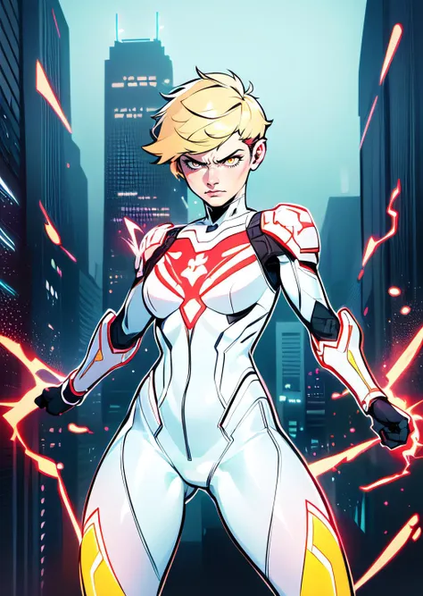 (inked original-art:1.2), (lineart:1.33), detailed face, best quality, masterwork, thick outlines, comic, 1girl, 1woman, messy hair, angry, superhero, white bodysuit, red bodysuit, glowing yellow aura, (very short hair:1.4), windy, combat stance, (energy:1.2), glowing eyes, realistic, toned, city background, (pixie cut:1.3), blonde hair