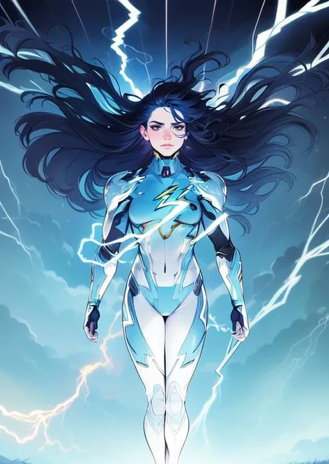 (inked original-art:1.2), (lineart:1.33), detailed face, best quality, masterwork, thick outlines, comic, 1girl, 1woman, (lightning:1.5), rain, wet hair, blue hair, black hair, two-tone hair, white and blue bodysuit, wind, windy, long hair, hair blowing in wind, clouds, floating, energy, thunderbolt, electricity, superhero