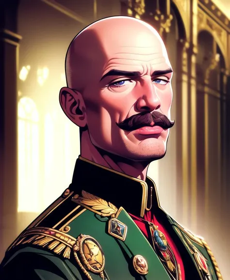 masterpiece, best quality, high quality, (realistic), detailed lips, detailed face, detailed eyes, 1boy, mature male, bald, noble, warhammer 40k, short hair, jacket, epaulettes, aguilettes, gold trim, military uniform, bionic eye, mustache, brocade, gothic architecture, indoors