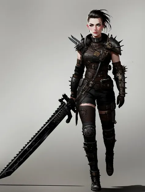 masterpiece, best quality, high quality, (realistic), detailed lips, detailed face, detailed eyes, 1girl, post apocalyptic, armor, spikes, punk, undercut, walking, warhammer 40k, full body, sword, holding sword, chainsword, underhiver