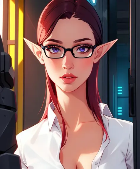 high quality, masterpiece, detailed face and eyes, detailed lips, 1girl, elf, pointy ears, cyberpunk,  office, glasses, white shirt, open shirt, naked shirt