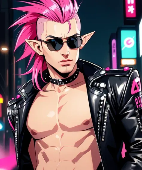 high quality, masterpiece, detailed face and eyes, detailed lips, 1boy, elf, cyberpunk, leather jacket, pectorals, biker, punk, leaning against wall, black jeans, looking at viewer, city background, night, halation, mohawk, spikes, torn clothes, mirrored sunglasses, pink hair, street, neon lihghts, dark, nighttime