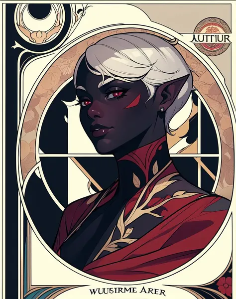 high quality, masterpiece, detailed, detailed face and eyes, (realistic), detailed lips, (cel shading:0.6), 1girl, (art deco poster:1.3), art deco, (art nouveau:1.2), border, volumetric shadows, geometric background, mandala, highlights, drow, tomboy, white hair, short hair, cocky, smirk, (grey skin, black skin:1.3), red eyes, pointy ears, flowers, leaves