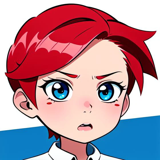 high quality, masterpiece, detailed, detailed face and eyes, (chibi:1.3), anime style, sticker, white background, cel shading, 1girl, short hair, pixie cut, red hair, surprised, mouth open, wide eyes, shocked, portrait, punk