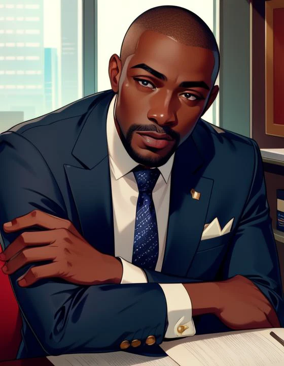 high quality, masterpiece, intricately detailed, detailed face and eyes, detailed lips, 1boy, suit, office, crossed arms, very dark skin, african, short hair, mature male