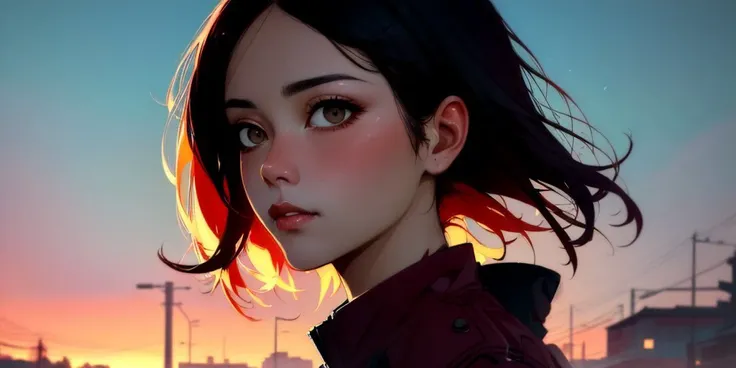 (masterpiece, best quality, style of Ismail Inceoglu, solo portrait, detailed eyes and face), close-up portrait of a Japanese woman with short black hair and brown eyes wearing a burgundy jacket in the streets of Kyoto at sunset