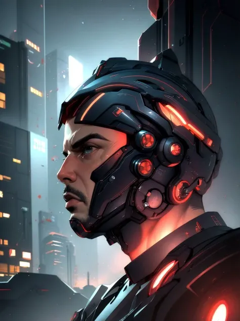 Photorealistic portrait of a man in a futuristic dystopian city , caustics, bloom, bokeh, style of Theo Prins