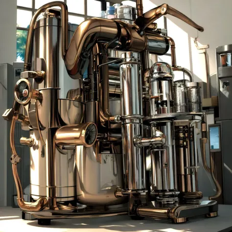 masterpiece, best quality product design photo of an elegant steampunk coffee machine, pipes, valves, no humans , emauromin style <lora:eddiemauroLora2 (Elegant):0.42>