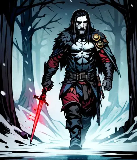 masterpiece, best quality, 1boy, Rasputin, holding sword in ((right hand)) looking at viewer, beautiful, perfect face, highly detailed face, black hair, goatee, fur (cloak), cape, sleeveless, shoulder armor, gauntlets, athletic, abs, battle scar, barbarian:0.5, tribal clothing, full body portrait, forest winter background, ((night)), snow storm, <lora:DarkestDungeonV2:0.4>, <lora:Andava1e4:0.8>, extremely detailed, perfect face, ddstyle:0.3, <lora:blckmtl:0.2>, <lora:more_details:0.5>, <lyco:UnlimitedBladeWorksV1:0.6>, <lora:bromart:0.3>, bromart, blue and white, ((pale skin)), blood on face, vampire hunter