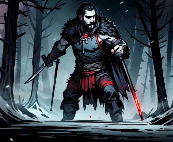 masterpiece, best quality, 1boy, Rasputin ((holding his sword in right hand)) moving, beautiful, perfect face, highly detailed face, black hair, goatee, fur (cloak), cape, (sleeveless), shoulder armor, gauntlets, athletic, abs, battle scar, barbarian:0.5,  tribal clothing, (glowing red sword), cross guard, full body portrait, forest winter background,  ((night)), snow storm, <lora:DarkestDungeonV2:0.4>, <lora:Andava1e4:0.8>, extremely detailed, perfect face, ddstyle:0.3, <lora:blckmtl:0.2>, <lora:more_details:0.5>, <lyco:UnlimitedBladeWorksV1:0.6>, <lora:bromart:0.3>, bromart, blue and white, ((pale skin)), blood on face, vampire hunter,  action shot
