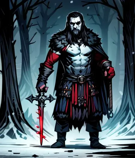 masterpiece, best quality, 1boy, Rasputin, standing, holding sword in left hand looking at viewer, beautiful, perfect face, highly detailed face, black hair, goatee, fur (cloak), cape, sleeveless, shoulder armor, gauntlets, athletic, abs, battle scar, barbarian:0.5, tribal clothing, full body portrait, forest winter background, ((night)), snow storm, <lora:DarkestDungeonV2:0.4>, <lora:Andava1e4:0.8>, extremely detailed, perfect face, ddstyle:0.3, <lora:blckmtl:0.2>, <lora:more_details:0.5>, <lyco:UnlimitedBladeWorksV1:0.6>, <lora:bromart:0.3>, bromart, blue and white, ((pale skin)), blood on face, vampire hunter