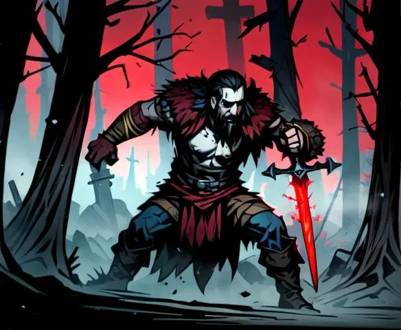 masterpiece, best quality, 1boy, Rasputin ((holding his sword in right hand)) moving, beautiful, perfect face, highly detailed face, black hair, goatee, fur (cloak), cape, (sleeveless), shoulder armor, gauntlets, athletic, abs, battle scar, barbarian:0.5, tribal clothing, (glowing red sword), cross guard, full body portrait, forest winter background, ((night)), snow storm, <lora:DarkestDungeonV2:0.4>, <lora:Andava1e4:0.8>, extremely detailed, perfect face, ddstyle:0.3, <lora:blckmtl:0.2>, <lora:more_details:0.5>, <lyco:UnlimitedBladeWorksV1:0.6>, <lora:bromart:0.3>, bromart, blue and white, ((pale skin)), blood on face, vampire hunter, action shot