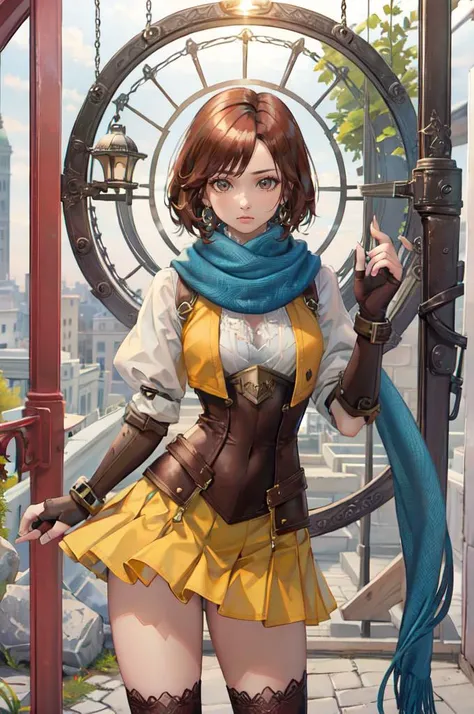 <lora:ArciaRinslet:0.5> 1girl, solo, ArciaRinslet, brown eyes, brown hair, short hair, blue scarf, miniskirt, thighhighs, elbow gloves,  fingerless gloves, corset,  <lora:TorinoV71:1>, absurdres, ultra detailed, masterpiece, best quality, aesthetic, detailed,