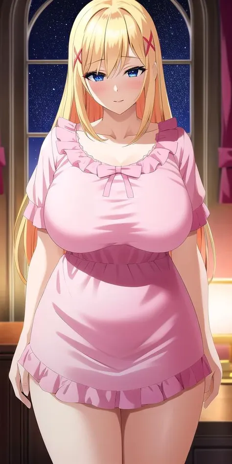 <lora:LalatinaV2:0.7> lalatinadustinessford, huge_breasts, standing, solo, Pink_nightgown_frilled_dress_see-through_Pink_bowtie, starry_sky,, masterpiece, best quality, detailed face, detailed eyes, highres,