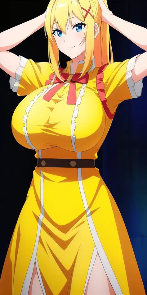 <lora:LalatinaV2:0.7> lalatinadustinessford, huge_breasts, standing, solo, yellow_dress, starry_sky,, masterpiece, best quality, detailed face, detailed eyes, highres,