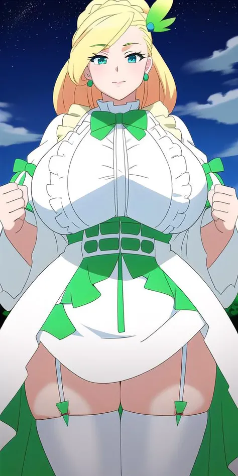 <lora:LalatinaV2:0.7> lalatinadustinessford, huge_breasts, standing, solo, White_frilled_dress_Black_thighhighs_Garter_straps_Green_bowtie_Feather_hair_ornament, starry_sky,, masterpiece, best quality, detailed face, detailed eyes, highres,