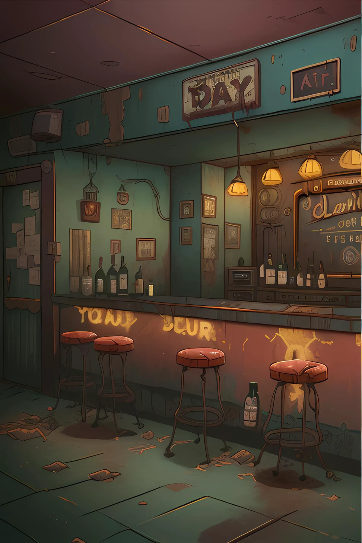 a dirty and old bar that has seen better times
<lora:lslwd:1> in the style of lslwd